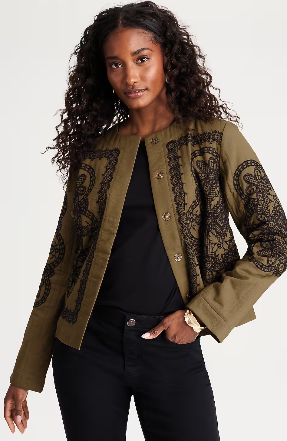 Pure Jill Embroidered Snap-Front Jacket