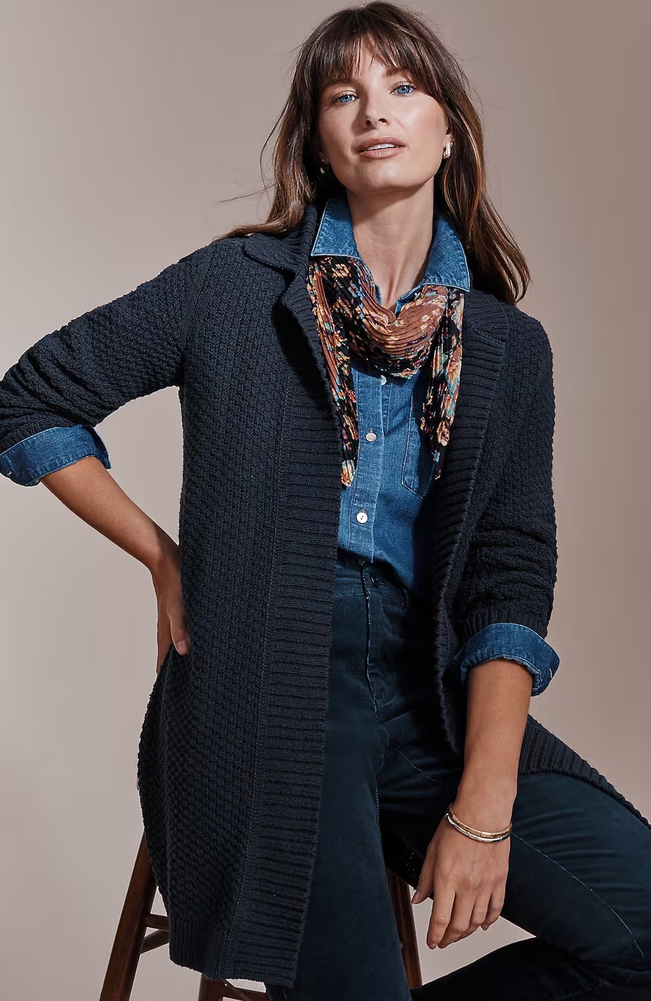 Textured Notched-Collar Open-Front Cardi