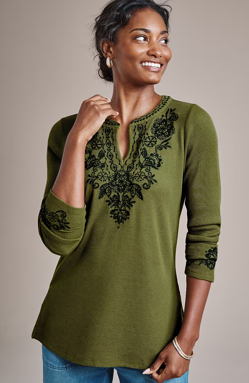 Pure Jill Embroidered Waffle Top