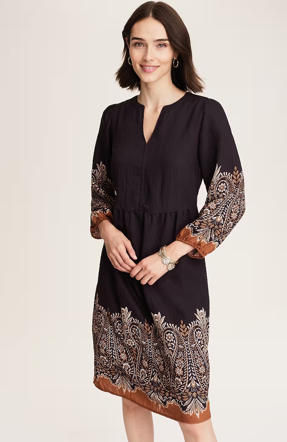 Placed-Paisley V-Neck Dress