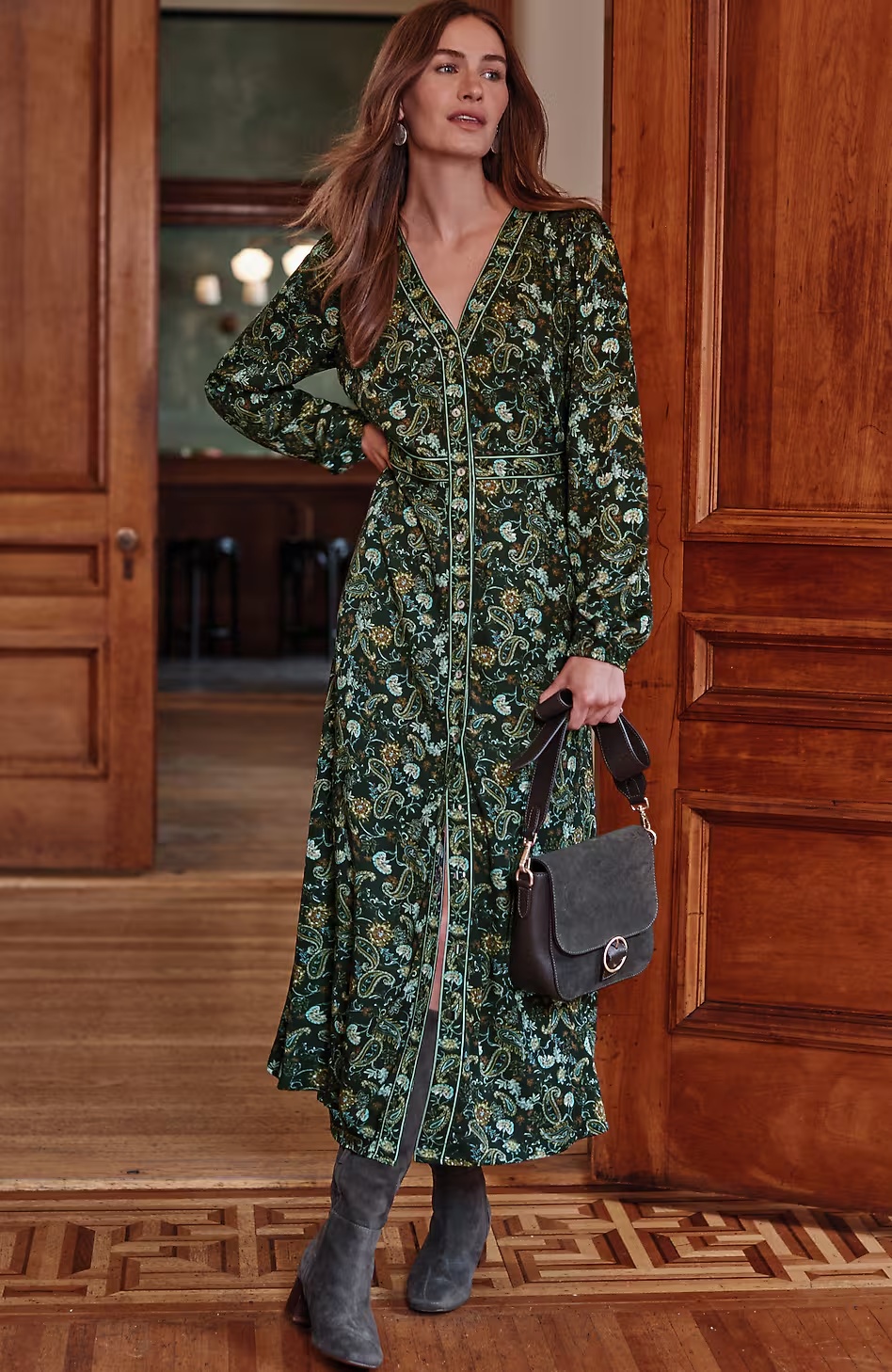 Border-Printed Seamed-Waist Dress