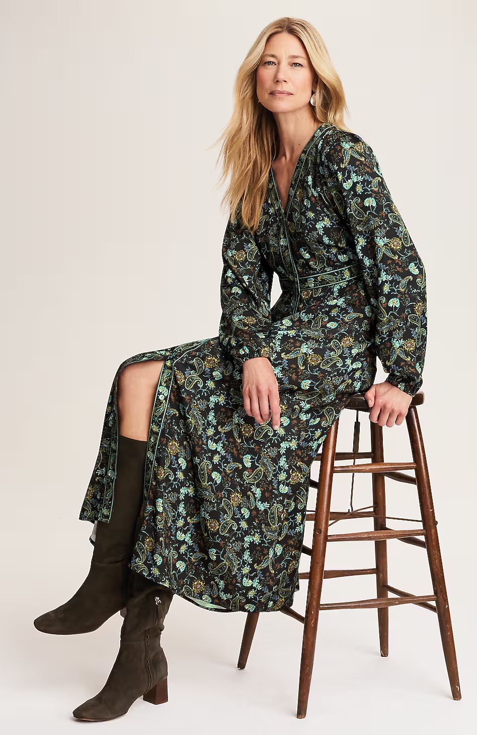 Border-Printed Seamed-Waist Dress
