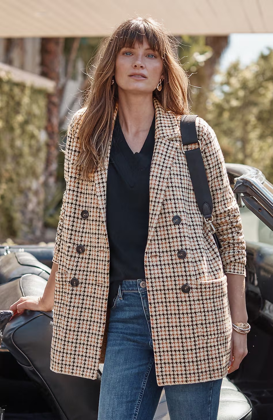 Houndstooth Jacquard-Knit Sweater Blazer