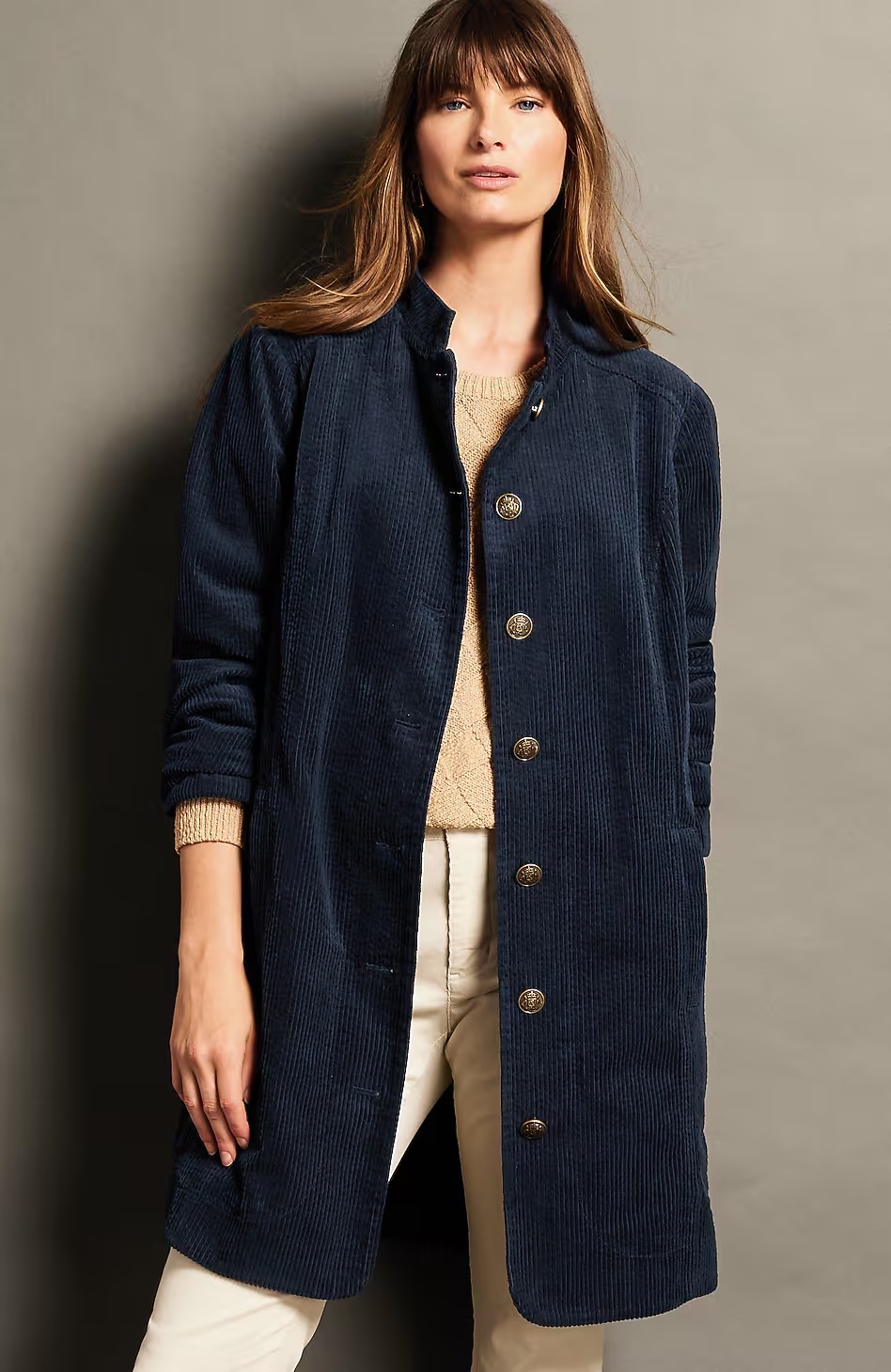 Tumbled-Cord Military Duster Jacket