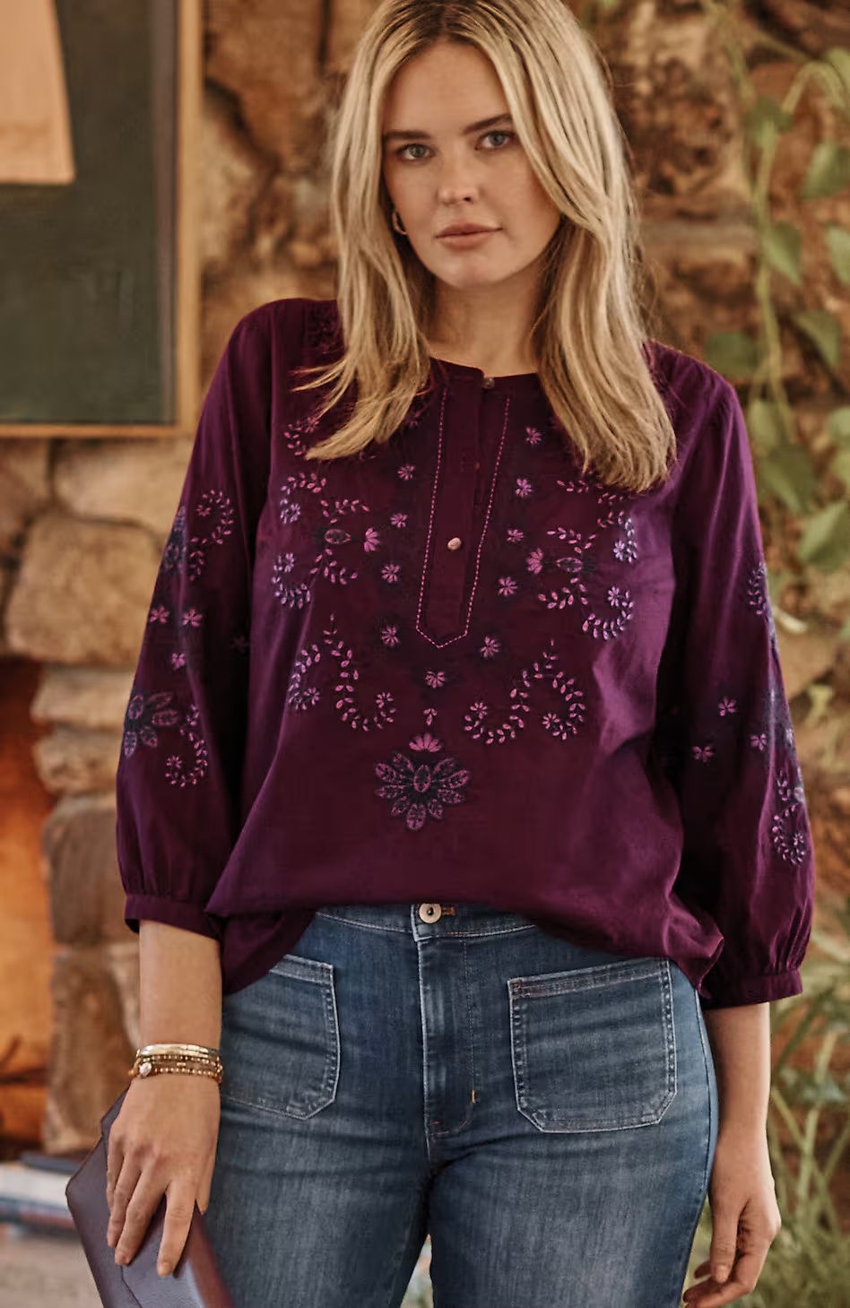 Tonal Floral-Embroidered Top