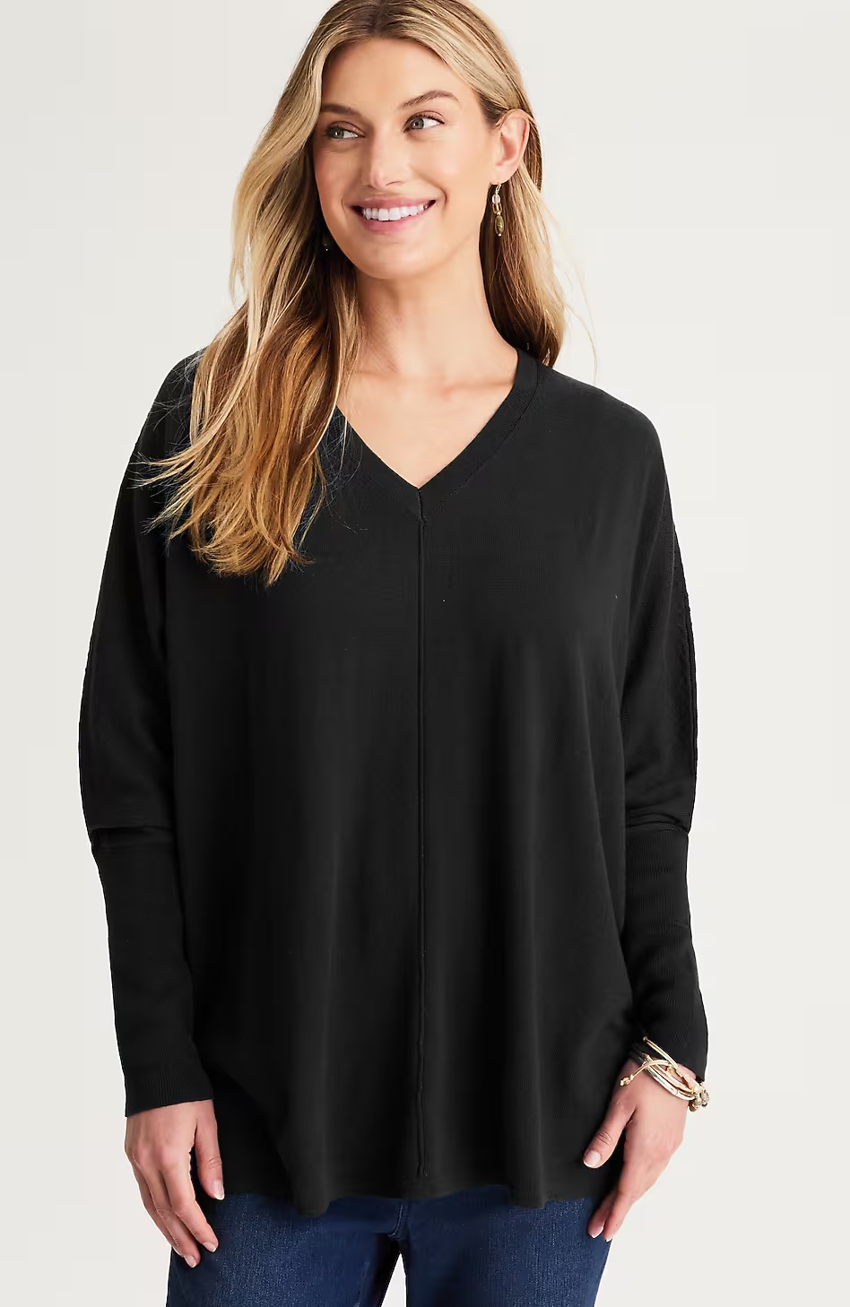 Pure Jill Ribbed-Cuffs V-Neck Pullover