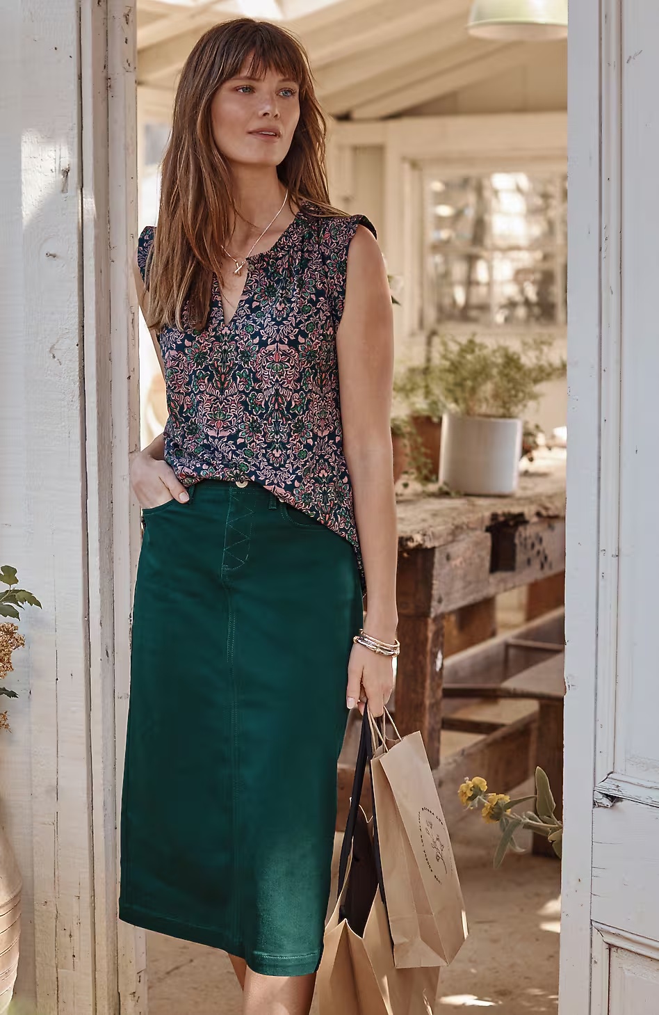 Slit-Back Denim Midi Skirt