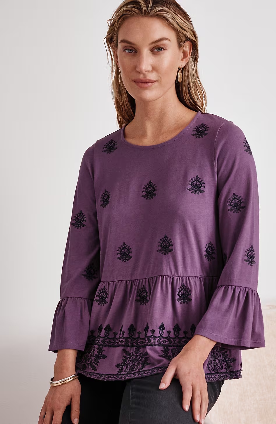 Pure Jill Embroidered-Knit Flounced Top