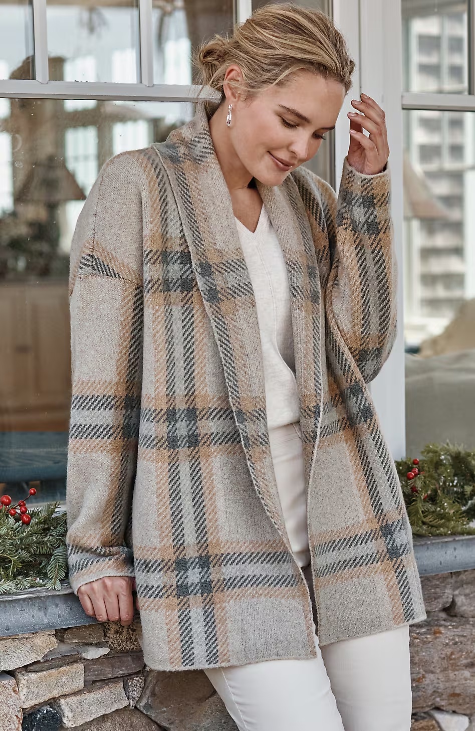 Plaid Shawl-Collar Cardi