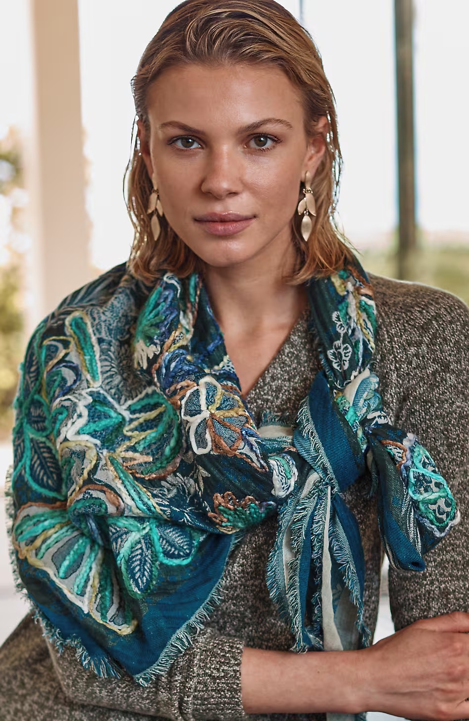 Embroidered Jacquard Triangle Scarf