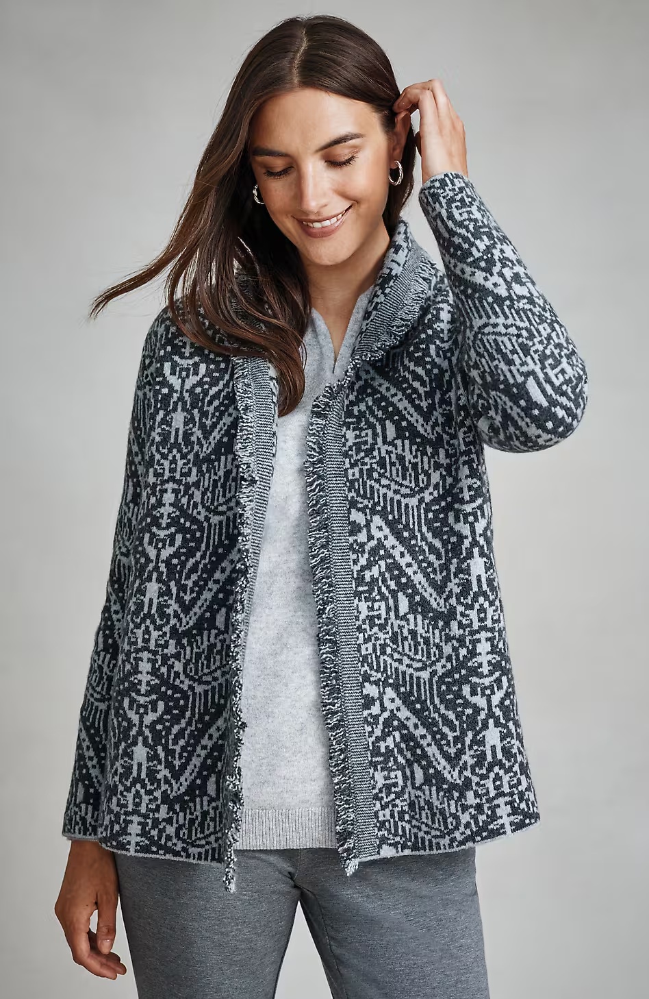 Pure Jill Printed Jacquard Fringed Cardi