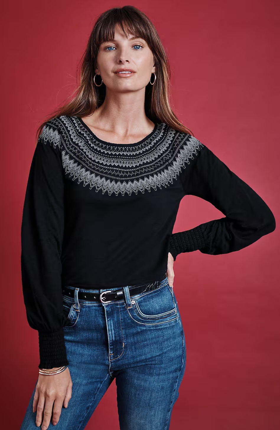 Fair Isle Embroidered Smocked Top