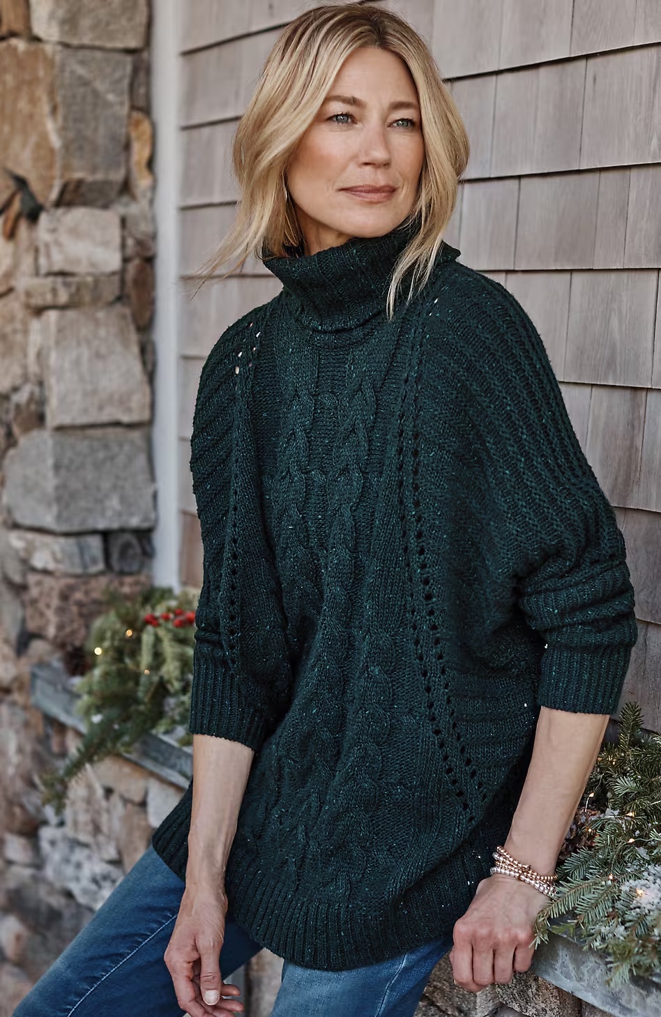 Tweeded Mixed-Cable Relaxed Sweater
