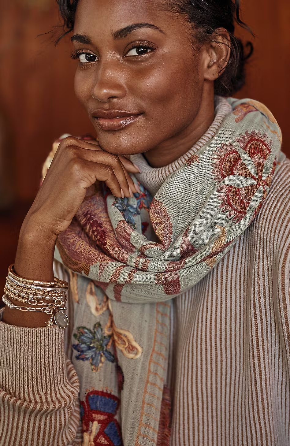 Hand-Embroidered Floral Oblong Scarf