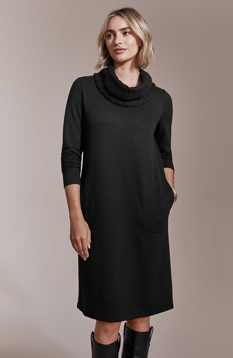 Sweater-Trimmed Cowl-Neck Dress